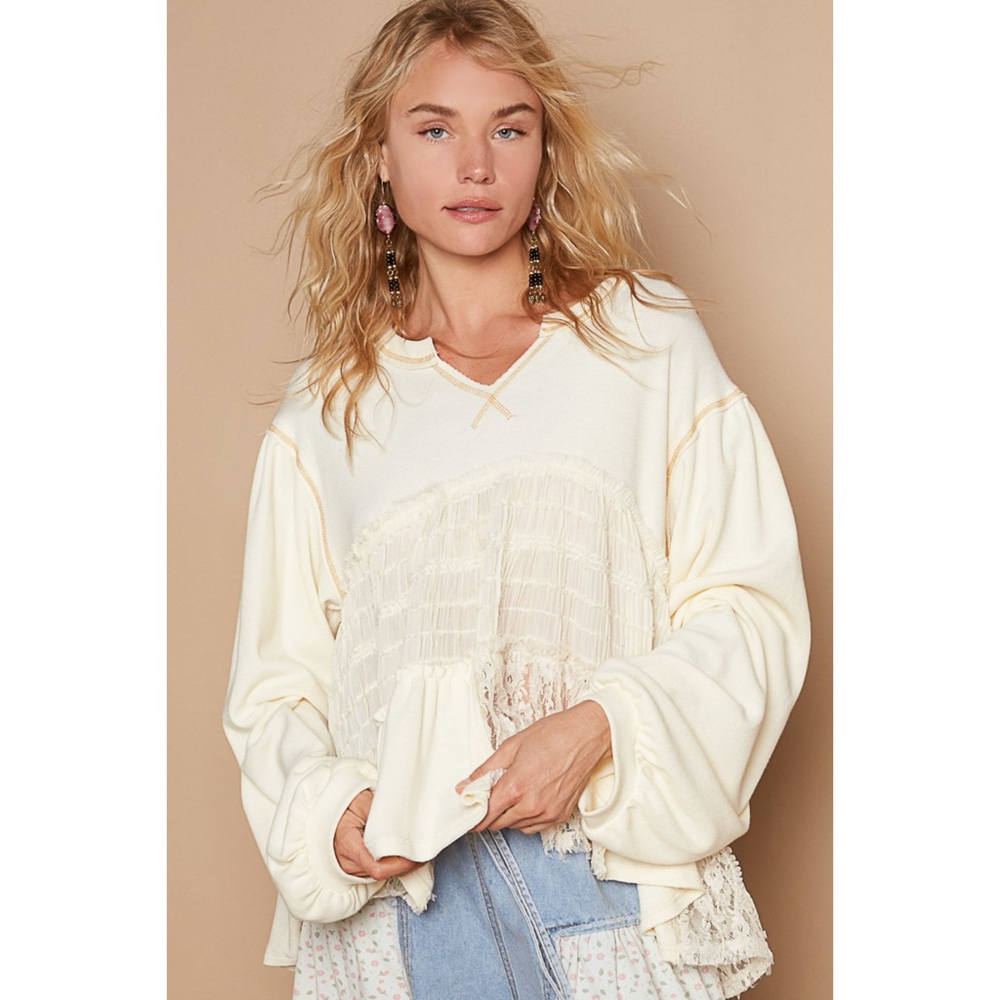 Cream Split Neck Waffle & Lace Tiered Long Sleeve Top